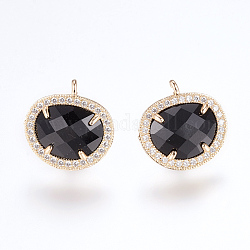 Brass Micro Pave Cubic Zirconia Stud Earring Findings, with Loop, Glass, Oval, Golden, Black, 16.5mm, Hole: 1mm, Pin: 0.8mm
