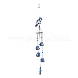 Uccelli in resina, campana in metallo e decorazioni con campanelli eolici sospesi con piume in legno, per ornamenti da appendere alla casa, Blue Steel, 830mm
