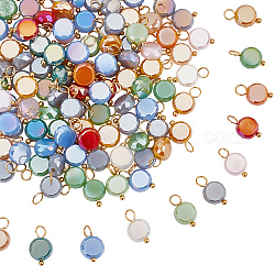 HOBBIESAY 120Pcs Electroplate Opaque Glass Charms, with Golden Plated Brass Loops, Flat Round, Mixed Color, 12.5~13x8x4mm, Hole: 3~3.5mm