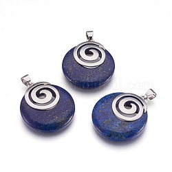 Pendentifs en lapis lazuli naturel, avec les accessoires en laiton de tonalité de platine, plat rond, 32x28x6mm, Trou: 4x5mm