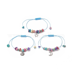 Set di braccialetti con ciondoli luna, stella e sole da 3 pz, braccialetto di perline intrecciate con patatine turchesi sintetiche da donna, colorato, diametro interno: 3 pollice (3/8~3-5/8 cm), 1.1~9.1pc / style