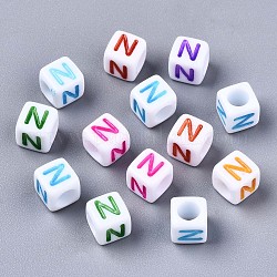Perles acryliques, trou horizontal, cube avec lettre de couleur mixte, letter.n, 6x6x6mm, Trou: 3mm, environ 2600 pcs/500 g