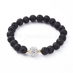 Natural Lava Rock Stretch Bracelets, with Polymer Clay Pave Rhinestone Beads and Golden Plated Brass Beads, Round, Crystal, 1-7/8 inch(4.9cm)