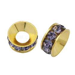 Abalorios de latón Diamante de imitación espaciador, Grado A, rerondana plana, color metal dorado, violeta, 9x4mm, agujero: 4 mm