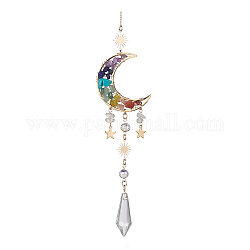 Pietre preziose naturali chip decorazioni ciondolo luna, acchiappasole appesi, con pendenti in vetro a goccia, stella/sole, 320mm
