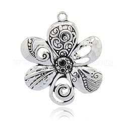 Antique Silver Alloy Rhinestone Large Flower Pendants for Necklace Making, Jet, 56x48x6mm, Hole: 3mm