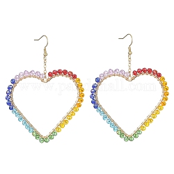 Brass Heart with Glass Beaded Dangle Earrings, 304 Stainless Steel Long Drop Earrings, Colorful, 83x61mm