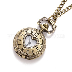 Сплав плоский круглыйс сердцем кулон ожерелье кварц карманные часы, железные цепочки и карабин-лобстеры , античная бронза, 31.1 дюйм, голова часов : 36x27x11 мм