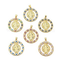 Rack Plating Brass Micro Pave Clear Cubic Zirconia Pendants, with Enamel, Cadmium Free & Lead Free, Real 18K Gold Plated, Ring with Saint & Evil Eye, Mixed Color, 32.5x30.5x3.5mm, Hole: 3.5x5mm