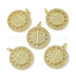 Rack Plating Brass Micro Pave Cubic Zirconia Pendants,, Long-Lasting Plated, Lead Free & Cadmium Free, Flat Round with Cross Charm, Real 18K Gold Plated, 23x20x2.5mm