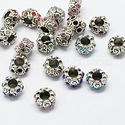 Perles européennes en alliage avec strass, Rondelle de grandes perles de trou, argent antique, couleur mixte, 11x8mm, Trou: 6mm