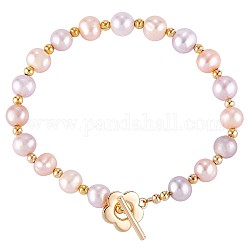 Ntuarl Pearl Beaded Bracelet with Alloy Flower Clasp for Women, Pink, 7-1/8 inch(18cm)