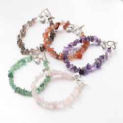 Trendy Natural Gemstone Beaded Bracelets, with Iron Beads, Alloy Heart Charms and Toggle Clasps, Mixed Stone, 200x6mm