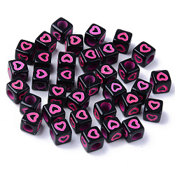 Cuentas europeas de acrílico negro opaco, Abalorios de grande agujero, cubo con el corazón, color de rosa caliente, 7x7x7mm, agujero: 4 mm, aproximamente 1900~2000 unidades / 500 g
