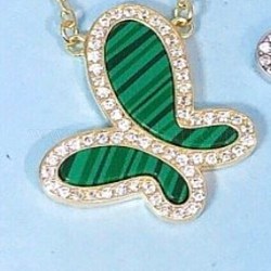925 Sterling Silver Clear Cubic Zirconia Pendant Necklaces, with Cable Chains and Natural Malachite, Butterfly, Green, Golden