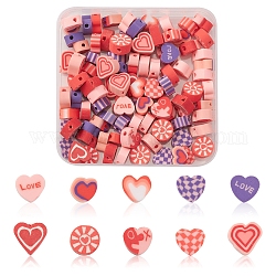 100pcs 5 perles d'argile polymère faites à la main, cœur, pour la Saint Valentin, couleur mixte, 7.5~10x7~11x4~5mm, Trou: 1.4~1.8mm