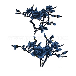 Polyestergewebe mit Blumen- und Zweigmuster, computergesteuerte Stickerei, Stoff zum Aufnähen von Applikationen, Kostüm Cheongsam Zubehör, Blau, 270~310x450~460x1 mm, 2 Stück