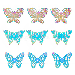 Unicraftale 201 Stainless Steel Filigree Pendants, Etched Metal Embellishments, Butterfly, Rainbow Color, 26~32x34.5~39.5x0.2~0.3mm, Hole: 0.9~1.8mm, 30pcs/box