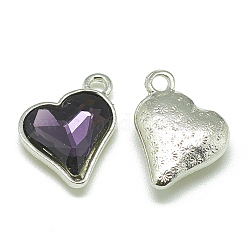 Colgantes de cristal de aleación, facetados, corazón, Platino, púrpura, 17x15x5mm, agujero: 1.5 mm