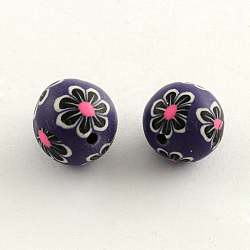 Perles en pâte polymère avec motif de fleurs manuelles, ronde, support violet, 11~12mm, Trou: 2mm