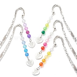 Gradient Color Transparent Acrylic Beaded Bookmarks, Tibetan Style Alloy Heart Charm Bookmark, Hook Book Marker, Mixed Color, 122mm