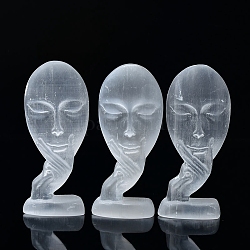 Mano che tiene la maschera facciale figurine di selenite naturale, decorazioni per display in pietra energetica reiki, per l'ornamento feng shui domestico, 40~45x15~20x110~150mm
