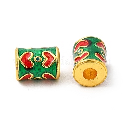 Alloy Enamel Beads, Rack Plating, Column with Heart Pattern, Matte Gold Color, Green, 10x7.5mm, Hole: 3mm