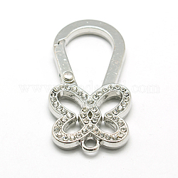 Alloy Key Clasps, with Rhinestone Beads, Grade A, Teardrop with Butterfly, Silver, 49x25mm