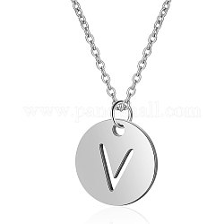 201 Stainless Steel Initial Pendants Necklaces, with Cable Chains, Flat Round with Letter, Stainless Steel Color, Letter.V, 16.3 inch(40cm), 1mm