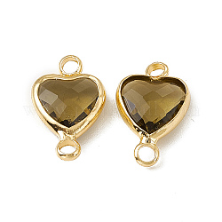 Colgantes de conector de vidrio transparente k9, enlaces corazón, con fornituras de latón dorado claro, bengala marrón, 14x8.5x3.7mm, agujero: 1.8 mm