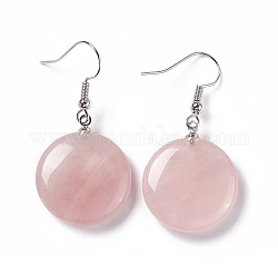 Boucles d'oreilles rondes plates en quartz rose naturel, bijoux en laiton platine pour femme, 42mm, pin: 0.7 mm