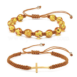 Плетеные браслеты из бисера набор для девочек женщин, браслет с поперечными звеньями и круглыми бусинами из искусственного янтаря, золотые, внутренний диаметр: 2-1/8~3-1/2 дюйм (5.3~9 см), 2 шт / комплект