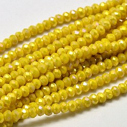 Facetado rondelle arco iris completo chapado electrochapa perlas de vidrio hebras, amarillo, 3.5x2mm, agujero: 0.5 mm, aproximamente 148 pcs / cadena, 14.9 pulgada