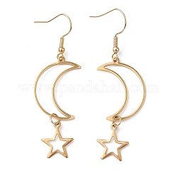 Boucles d'oreilles pendantes en acier inoxydable étoile creuse et lune 304, boucles d'oreilles longues pour femmes, or, 60~62x17~17.5mm