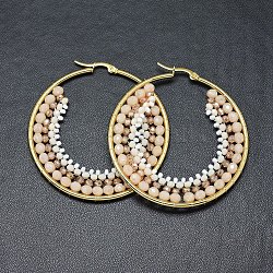 304 Stainless Steel Hoop Earrings, Beaded Hoop Earrings, with Glass Beads, Ring, Golden, White, 54.5x53.5x4mm