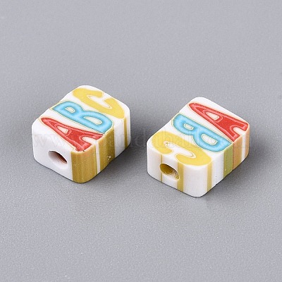手作り樹脂粘土ビーズ 直方体と文字abc ミックスカラー 8.5~9x7x4~5mm