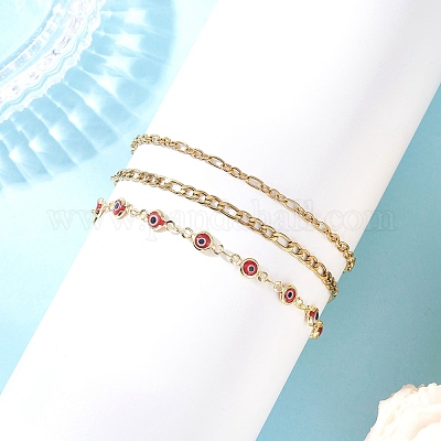 Браслеты из цепей и звеньев лампворк из нержавеющей стали 304 и сглаза для женщин BJEW-JB12449-03-1