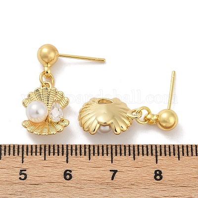 Серьги-гвоздики в форме ракушки из латуни с микропаве из прозрачных кубических цирконий EJEW-F895-13G-1