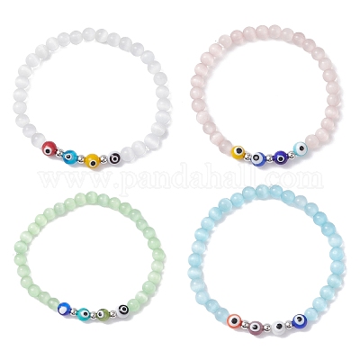 4 шт. 4-цветные браслеты-лампворк с круглыми бусинами кошачий глаз и сглаз ручной работы для женщин BJEW-JB12289-1