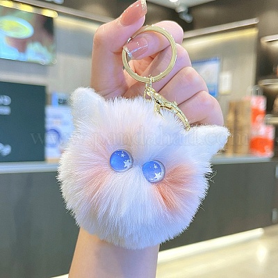 Faux Fur Cat Pendant Keychain, Cute Kitten Golden Tone Alloy Key Ring  Ornament, Cornflower Blue, 7.4x6.7cm