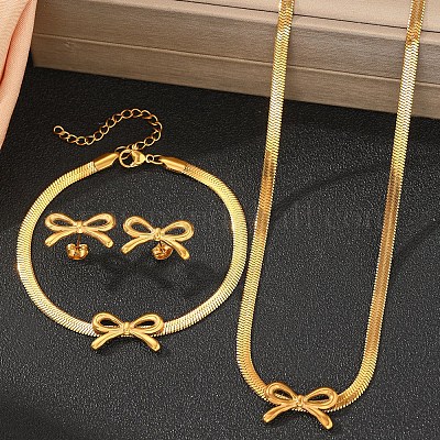 Комплекты из ожерелий и браслетов с подвесками и серег-гвоздиков из нержавеющей стали 304 с бантом SJEW-Z003-03G-1