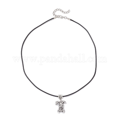 Женские ожерелья из вощеного шнура с подвеской в виде кролика из сплава с черным стеклом NJEW-JN05540-1