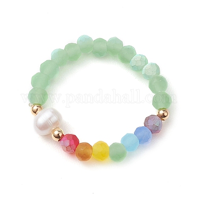 Эластичные кольца на палец из натурального культивированного пресноводного жемчуга и искусственного нефритового стекла RJEW-JR00674-1