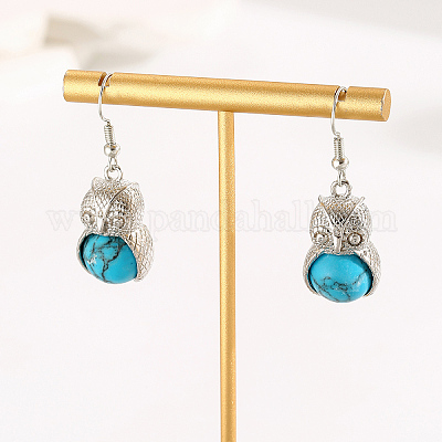 Серьги-подвески из латуни с искусственным бирюзовым узором в форме совы ZV6366-1