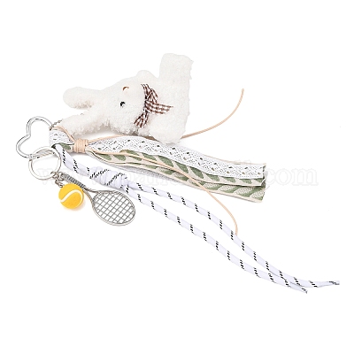 Подвеска в виде теннисной ракетки из полиэфирной веревки и сплава и плюшевого кролика HJEW-JM04385-02-1