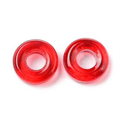 透明ガラス欧州ビーズ 大穴ビーズ ドーナツ レッド 10x3mm 穴：3.0~4.3