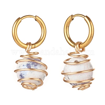 Wholesale Round Natural Agate Beads Dangle Huggie Hoop Earrings