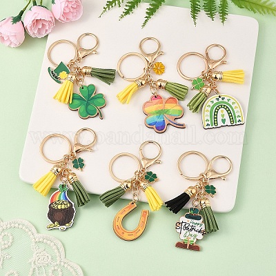 Брелки из сплава эмали и искусственной замши с кисточками и деревом ко дню святого патрика KEYC-YW00199-01-1