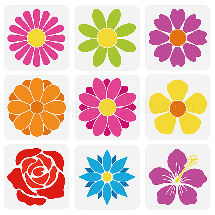 FINGERINSPIRE 9PCS Flowers Stencils for Painting 7.9x7.9inch Large Flowers Petals Drawing Templates Plastic PET Rose Daisy Flowers Painting Stencils Plant Theme Templates for Painting on Wood Fabric DIY-WH0394-0205-1