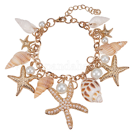 PandaHall Gold Tone Sea Shell Starfish Pearl Bib Statement Chunky Bracelets BJEW-PH0002-01-1